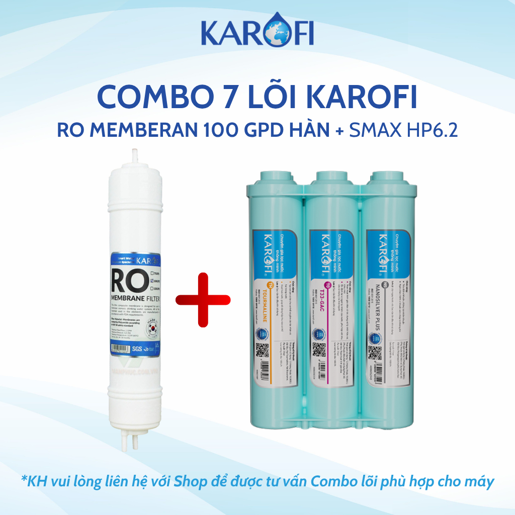 Combo màng RO Đúc 100GPD và Cụm 6 Lõi Lọc Chức Năng Smax Hệu Suất Cao HP 6.2 KAROFI - Hàng Chính Hãng