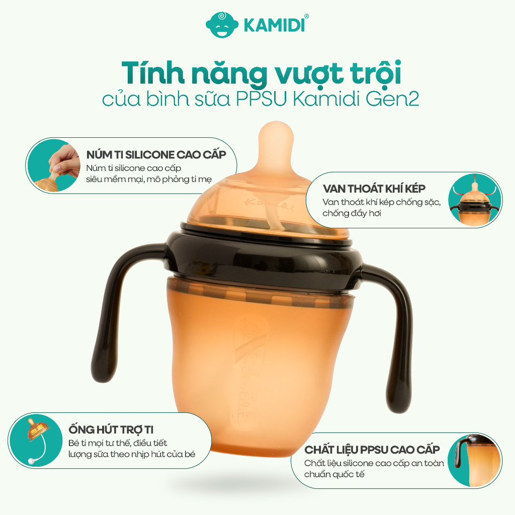 Bình Sữa Kamidi Silicone Gen 2 Nâng Cấp Núm Mềm Mô Phỏng Hoàn Hảo Ti Mẹ