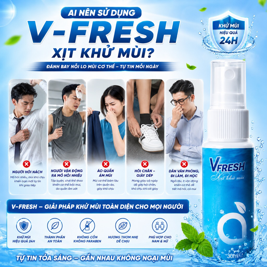 Xịt Khử Mùi Vfresh Thơm Mát Giảm Mùi Hôi Cơ Thể Nam Nữ 30ml