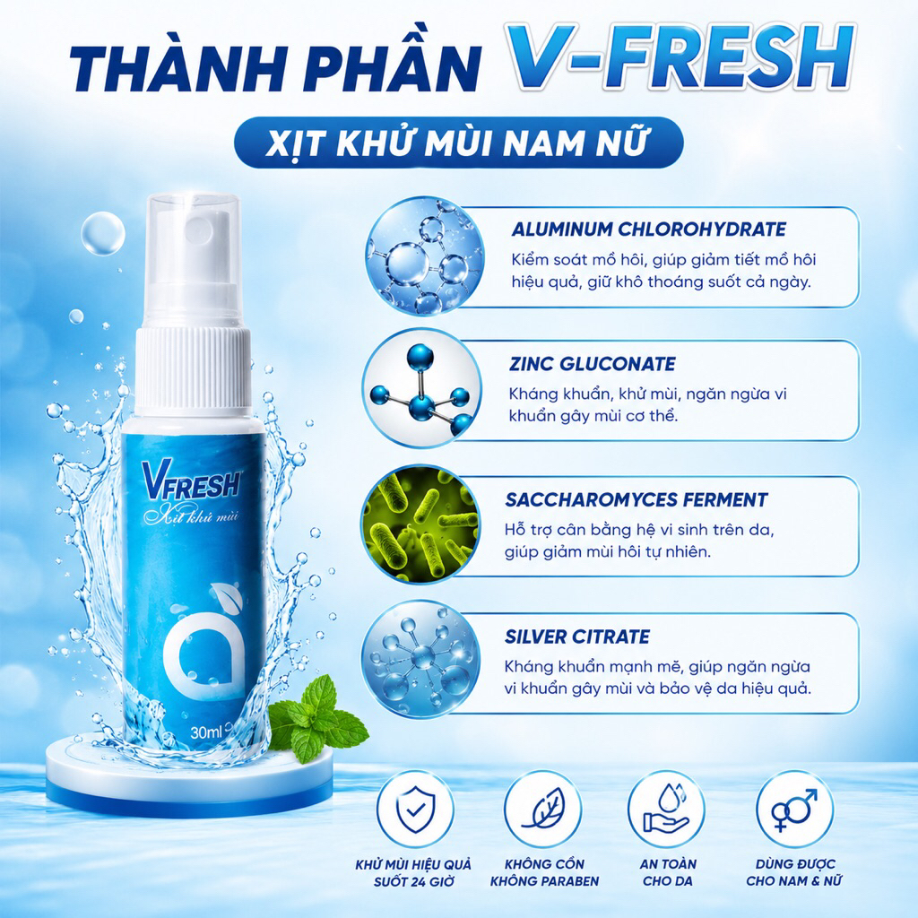 Xịt Khử Mùi Vfresh Thơm Mát Giảm Mùi Hôi Cơ Thể Nam Nữ 30ml