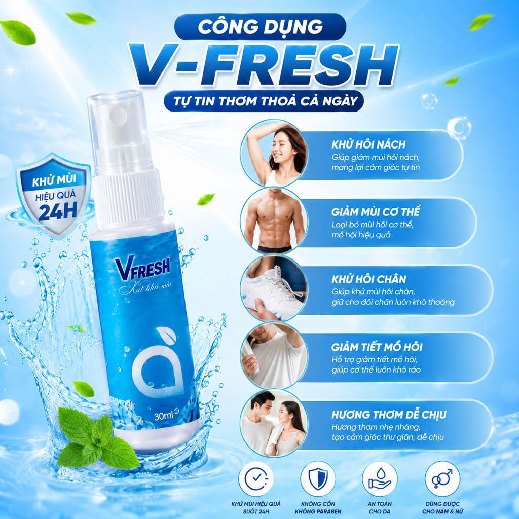 Xịt Khử Mùi Vfresh Thơm Mát Giảm Mùi Hôi Cơ Thể Nam Nữ 30ml
