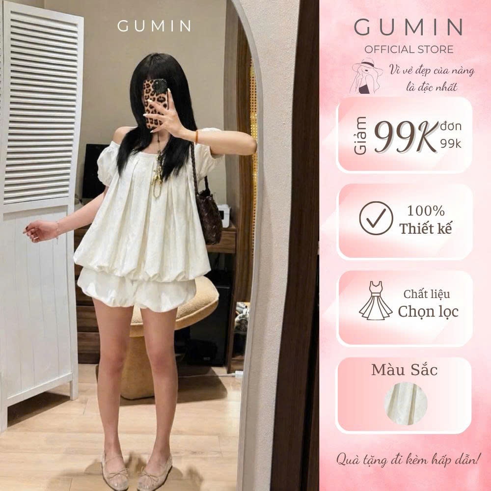 Set trễ vai xếp ly GUMIN thiết kế áo trễ vai tay bồng kèm chân váy ngắn dáng xòe bom tiểu thư sang chảnh