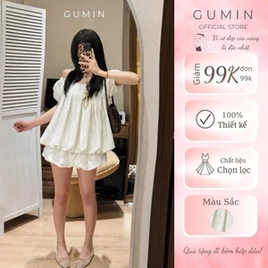 Set trễ vai xếp ly GUMIN thiết kế áo trễ vai tay bồng kèm chân váy ngắn dáng xòe bom tiểu thư sang chảnh
