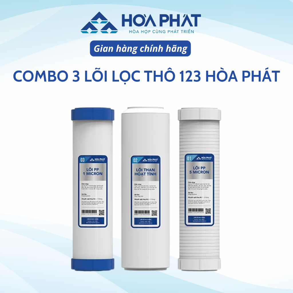 Bộ 3 lõi lọc thô 123 Hòa Phát dùng cho máy lọc nước RO gia đình lắp 3 cốc 10inch, Lõi lọc Hòa Phát Chính Hã