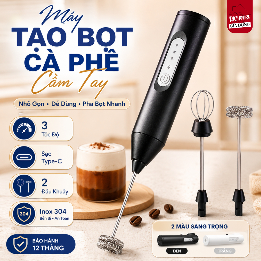 Máy Đánh Trứng Cầm Tay Nâng Cấp 3 Chế Độ, Máy Tạo Bọt Cafe Mini 2 Đầu Đánh Inox, Sạc Pin Tiện Lợi