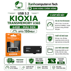 USB 3.2 KIOXIA TransMemory U365 64GB upto 150MB/s LU365K064GG4 Đen - Bảo hành 5 năm