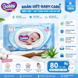 KHĂN ƯỚT BOBBY 80 MIẾNG - CÔNG NGHỆ NANO BẠC KHÁNG KHUẨN, 99% NƯỚC TINH KHIẾT, AN TOÀN CHO BÉ