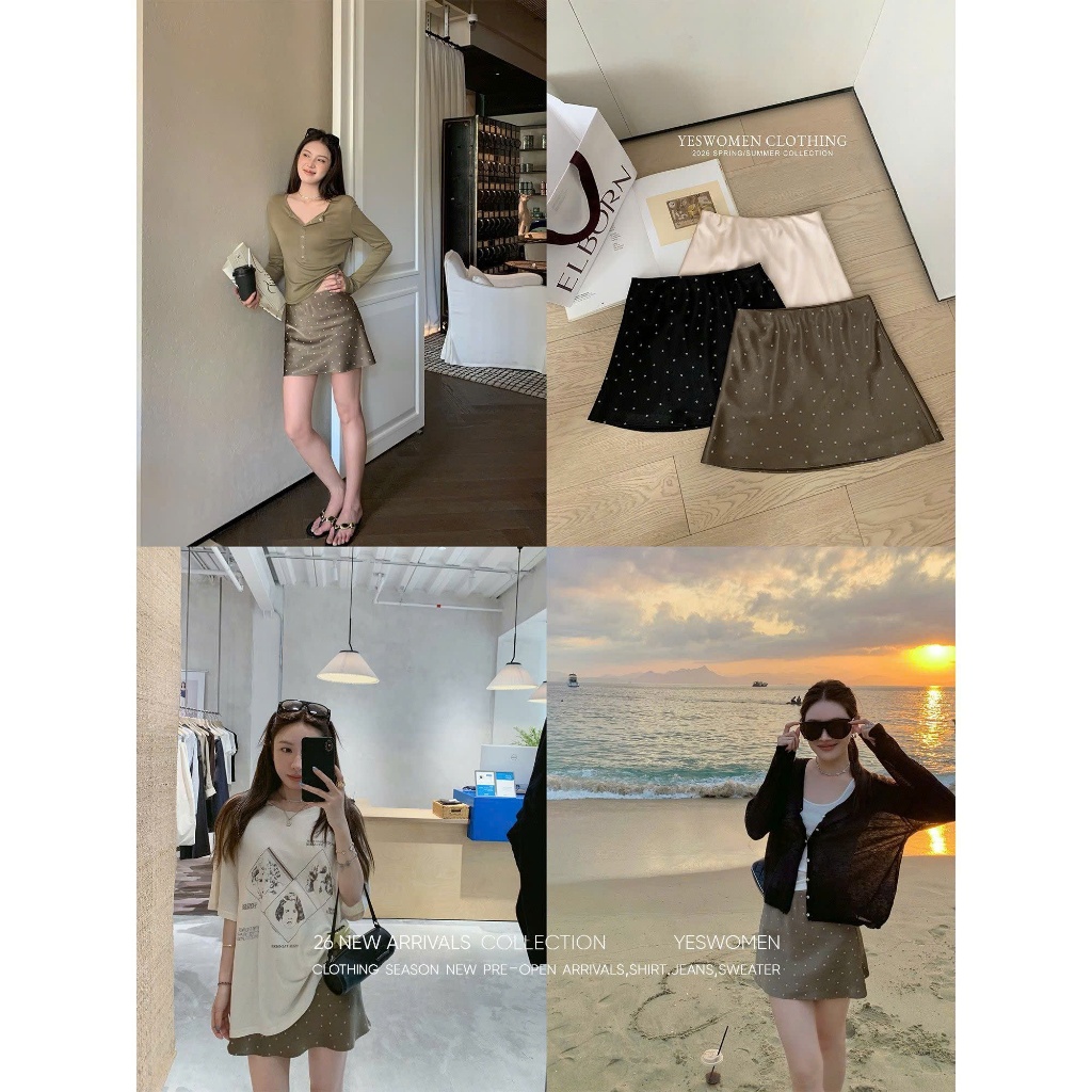 (sẵn đen S)Chân váy dáng vừa hoạ tiết chấm bi chất liệu lụa satin mát có quần bảo hộ CV034 - Tiktik