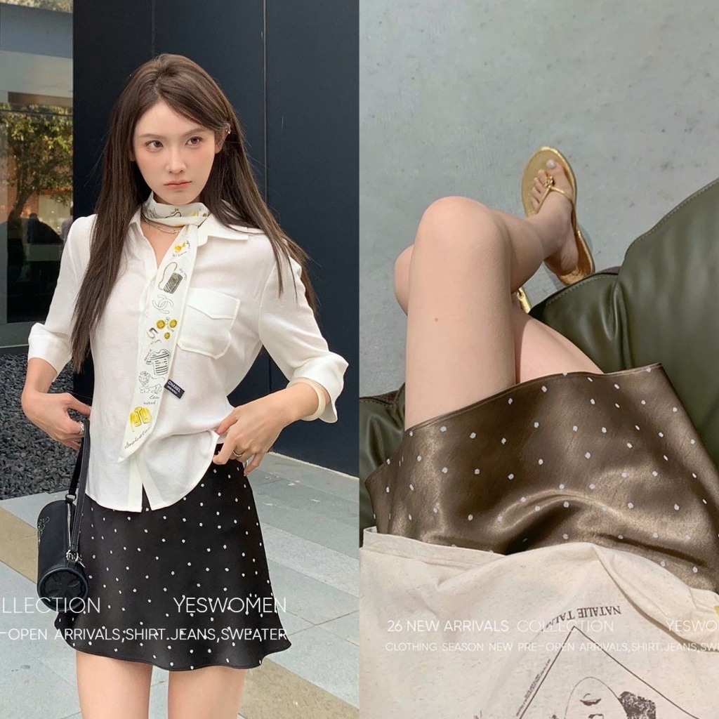 (sẵn đen S)Chân váy dáng vừa hoạ tiết chấm bi chất liệu lụa satin mát có quần bảo hộ CV034 - Tiktik