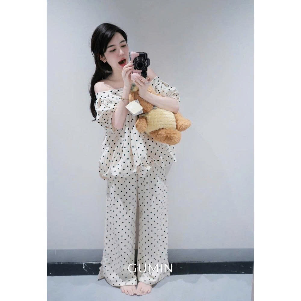 Set bộ trễ vai GUMIN thiết kế áo trễ vai tay ngắn kèm quần suông dài sang chảnh, Set đồ nữ đi biển thanh lịch