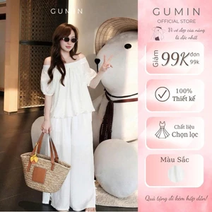 Set bộ trễ vai GUMIN thiết kế áo trễ vai tay ngắn kèm quần suông dài sang chảnh, Set đồ nữ đi biển thanh lịch