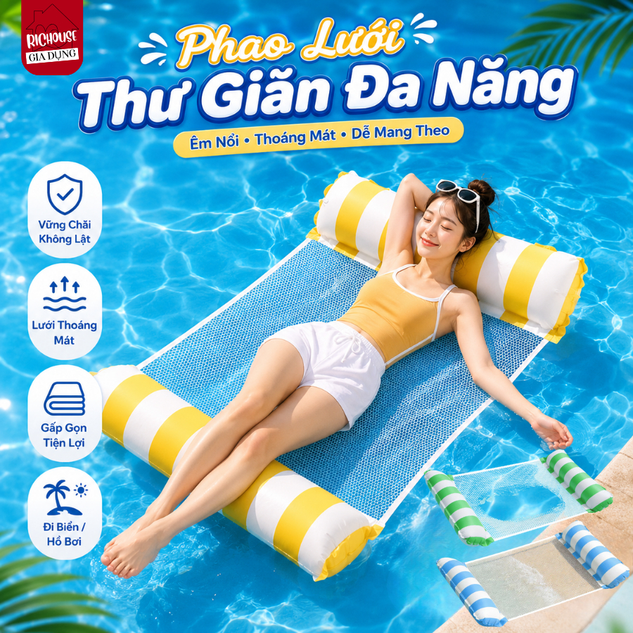 Ghế Phao Lưới Hồ Bơi Đa Năng, Phao Nằm Thư Giãn Chống Lật Kèm Gối Hơi Êm Ái, Gấp Gọn Dễ Mang Theo