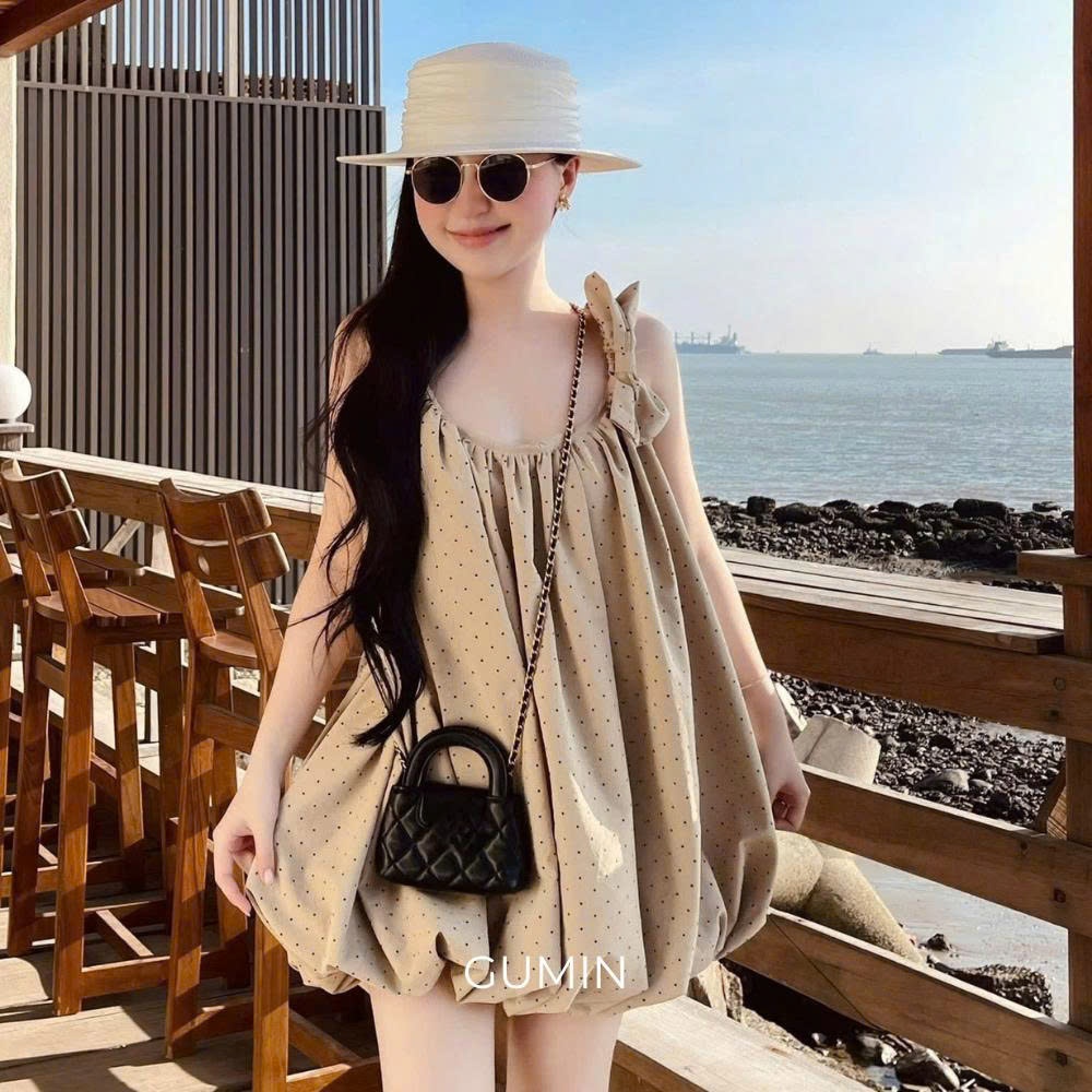 Váy hai dây chấm bi GUMIN thiết kế nơ vai dáng bồng bí tiểu thư, Đầm 2 dây nữ đi biển sang chảnh cao cấp