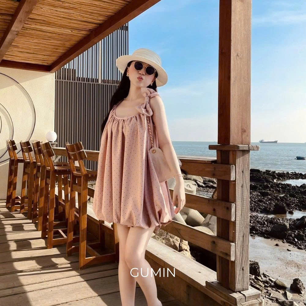 Váy hai dây chấm bi GUMIN thiết kế nơ vai dáng bồng bí tiểu thư, Đầm 2 dây nữ đi biển sang chảnh cao cấp