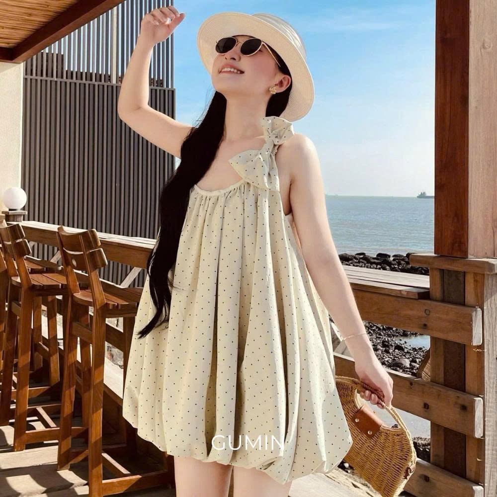Váy hai dây chấm bi GUMIN thiết kế nơ vai dáng bồng bí tiểu thư, Đầm 2 dây nữ đi biển sang chảnh cao cấp