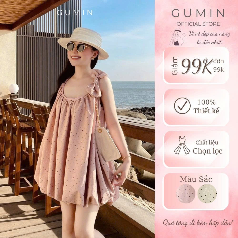 Váy hai dây chấm bi GUMIN thiết kế nơ vai dáng bồng bí tiểu thư, Đầm 2 dây nữ đi biển sang chảnh cao cấp