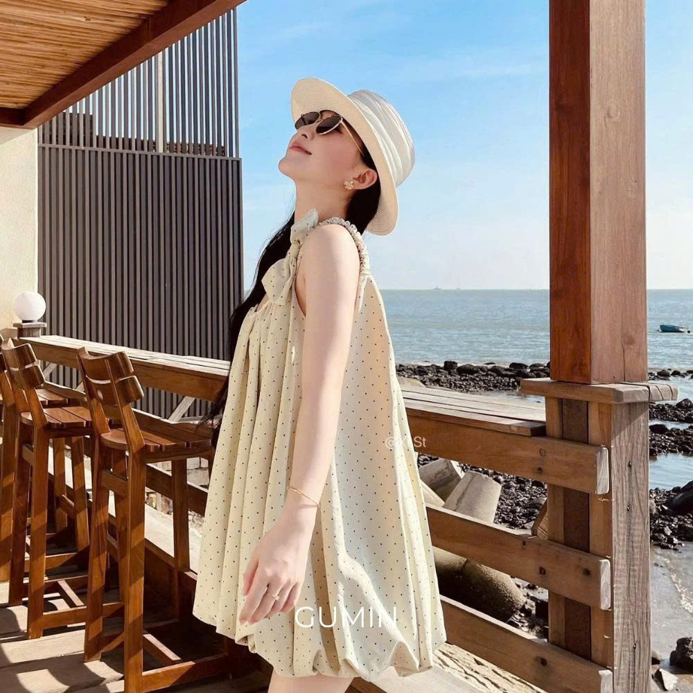 Váy hai dây chấm bi GUMIN thiết kế nơ vai dáng bồng bí tiểu thư, Đầm 2 dây nữ đi biển sang chảnh cao cấp