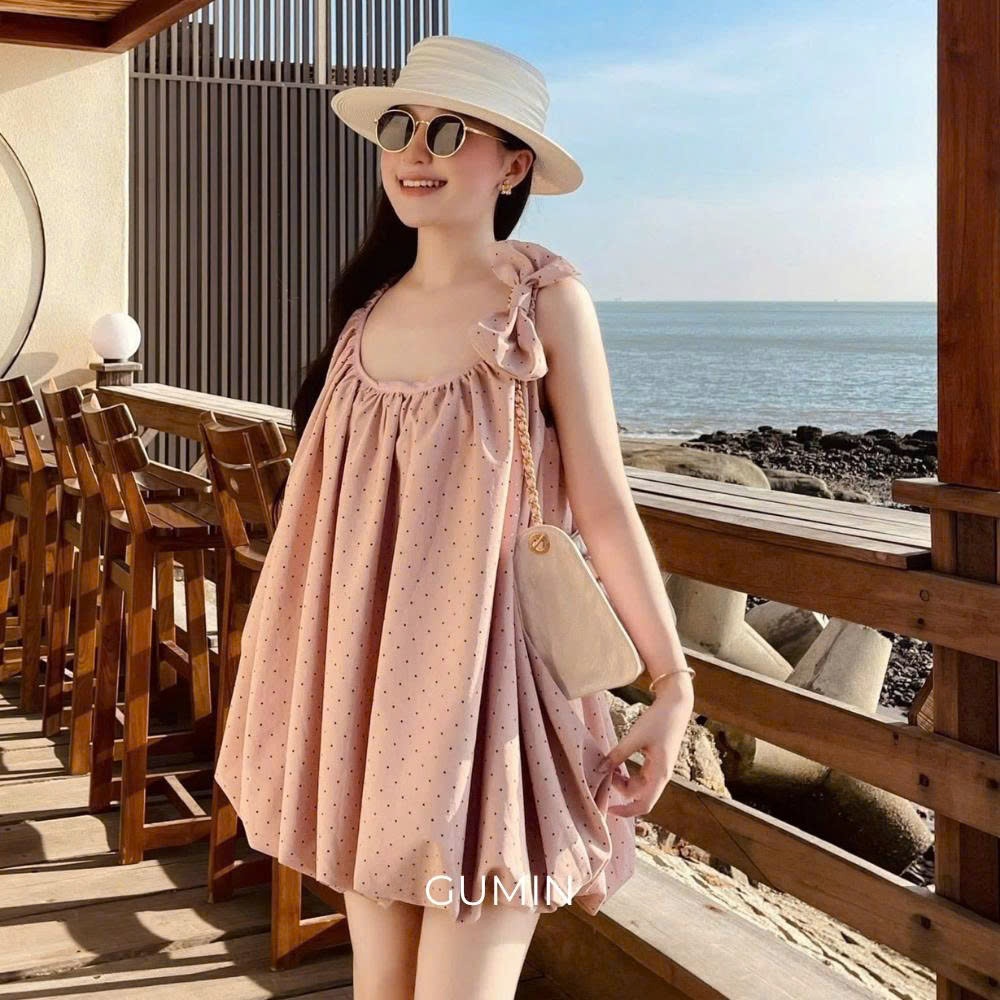 Váy hai dây chấm bi GUMIN thiết kế nơ vai dáng bồng bí tiểu thư, Đầm 2 dây nữ đi biển sang chảnh cao cấp