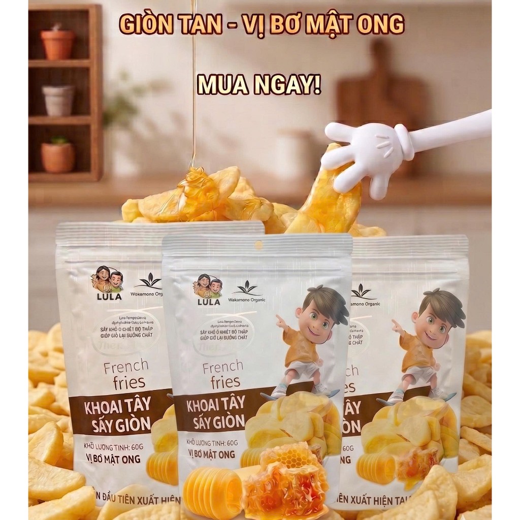 COMBO 5 gói Khoai tây sáy giòn Wakamono Organic thái miếng vị mật ong 60gam/gói, ăn vặt siêu ghiền
