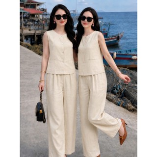 Set Bộ Đũi Nữ Cao Cấp Cổ Tròn – Quần Suông Ống Rộng, Đũi Mềm Mát Form Rộng Thanh Lịch - SM17