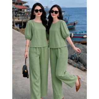 Set Bộ Nữ Vải Đũi Cao Cấp Áo Tay Phồng + Quần Dài Ống Suông Mát Mẻ Form Rộng Thanh Lịch Mặc Đi Chơi Đi Làm - A58