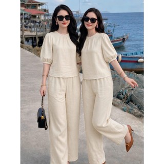 Set Bộ Nữ Vải Đũi Cao Cấp Áo Tay Phồng + Quần Dài Ống Suông Mát Mẻ Form Rộng Thanh Lịch Mặc Đi Chơi Đi Làm - A58