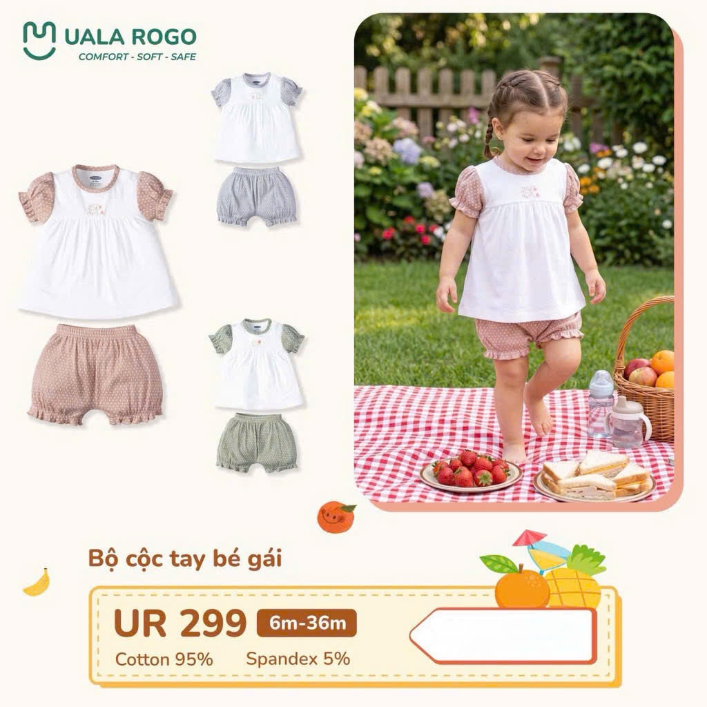(6,5-16kg,6-36M) Bộ Cộc Tay Uala Rogo Hoạ Tiết Đáng Yêu Cho Bé Trai Bé Gái UR518 UR520 UR523 UR299 UR526