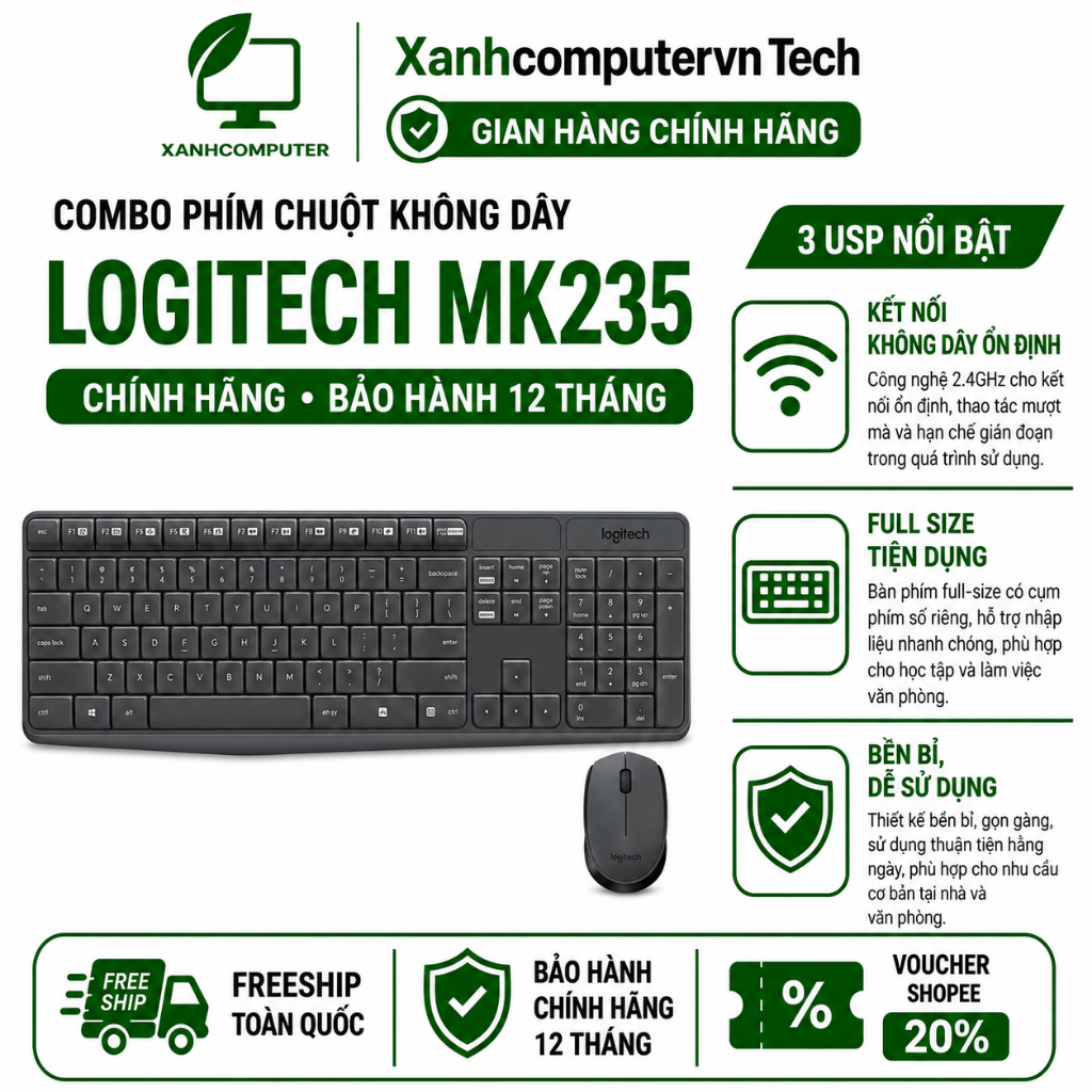 Combo Phím Chuột Không Dây Logitech MK235 | Chính Hãng | Bảo Hành 12 Tháng