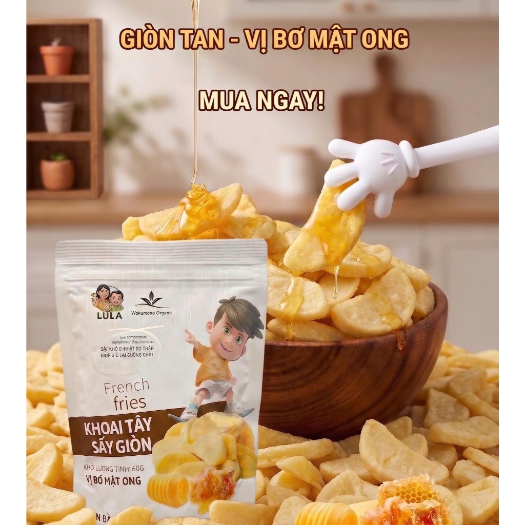 COMBO 5 gói Khoai tây sáy giòn Wakamono Organic thái miếng vị mật ong 60gam/gói, ăn vặt siêu ghiền