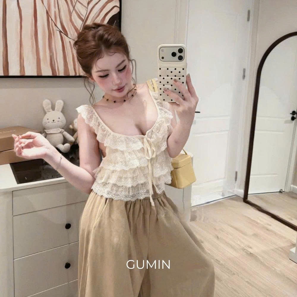 Áo hai dây ren z.raa GUMIN thiết kế áo dáng ngắn bèo tầng phối dây nơ ngực tiểu thư, Áo kiểu nữ đi biển trẻ cá tính sang
