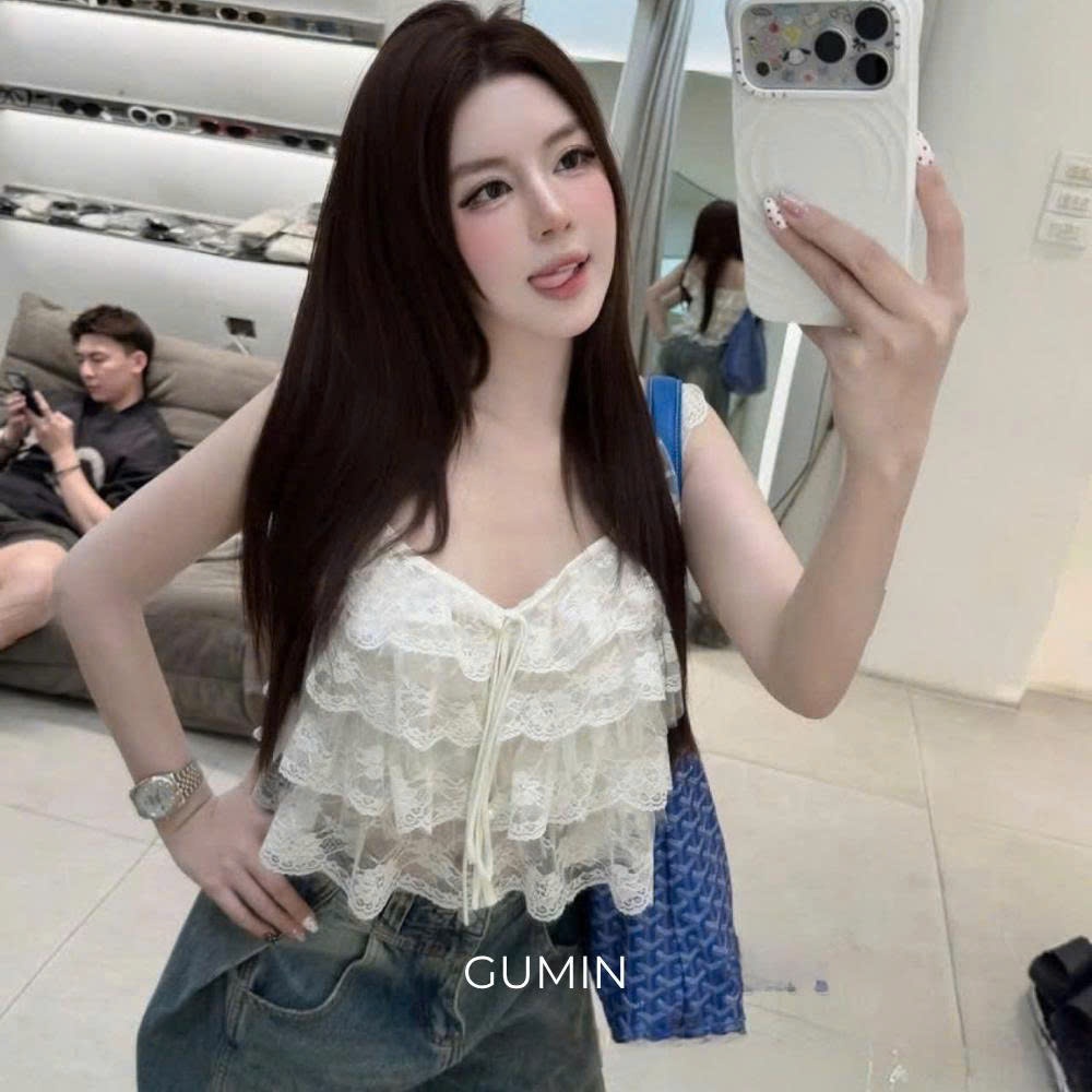 Áo hai dây ren z.raa GUMIN thiết kế áo dáng ngắn bèo tầng phối dây nơ ngực tiểu thư, Áo kiểu nữ đi biển trẻ cá tính sang