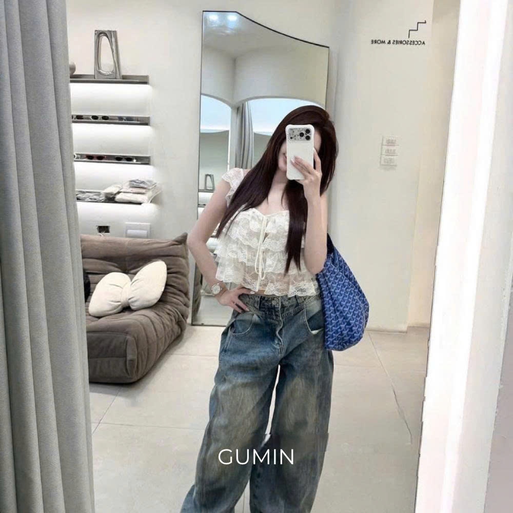 Áo hai dây ren z.raa GUMIN thiết kế áo dáng ngắn bèo tầng phối dây nơ ngực tiểu thư, Áo kiểu nữ đi biển trẻ cá tính sang