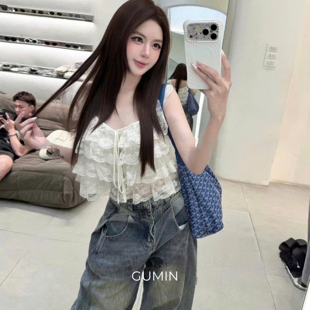 Áo hai dây ren z.raa GUMIN thiết kế áo dáng ngắn bèo tầng phối dây nơ ngực tiểu thư, Áo kiểu nữ đi biển trẻ cá tính sang