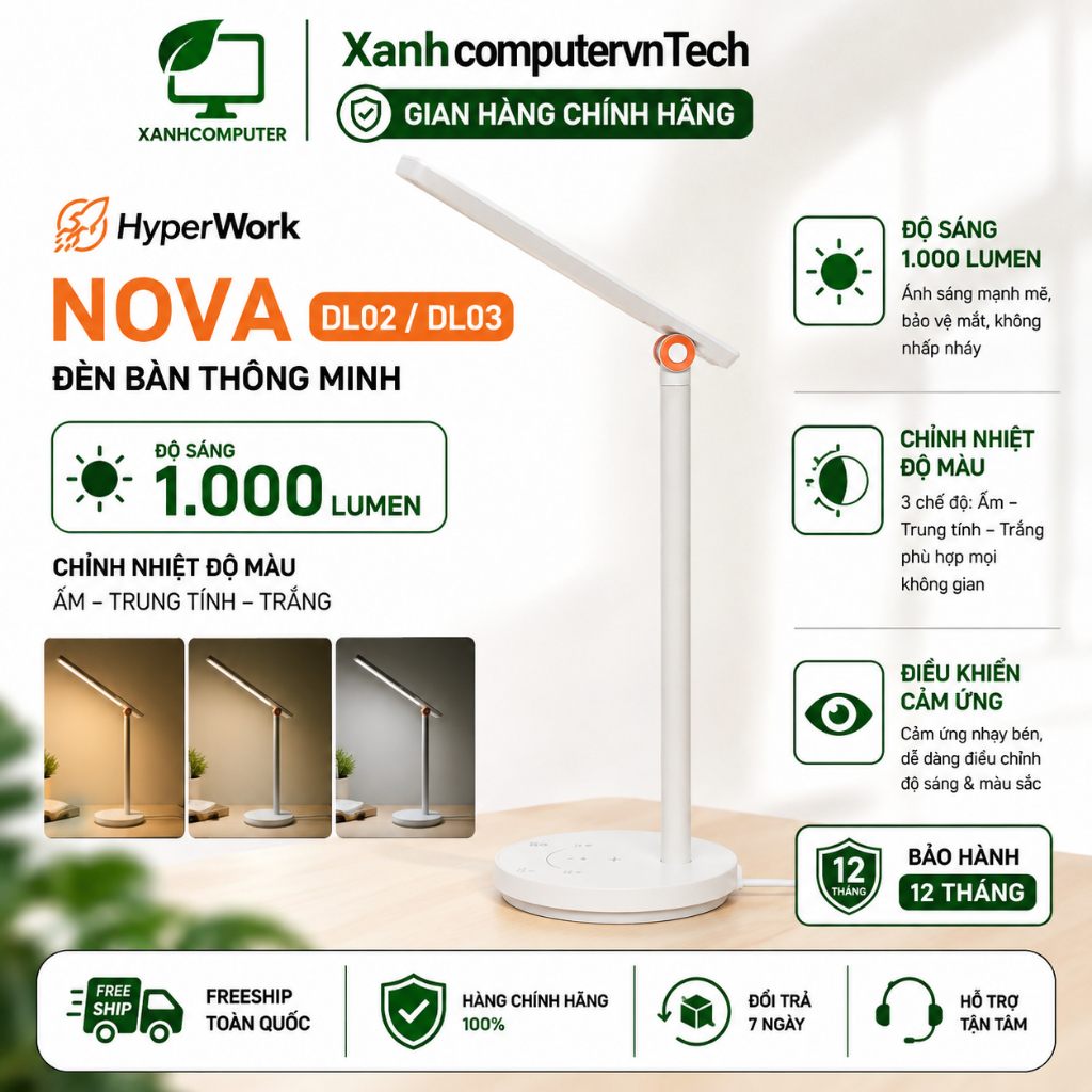 Đèn bàn HyperWork NOVA DL02 / DL03 - Độ sáng 1.000 Lumen - Chỉnh nhiệt độ màu - BH 12 tháng