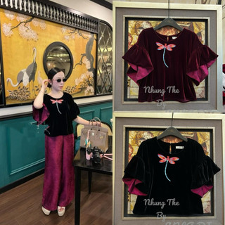 Áo nhung the tay bèo thêu chuồn chuồn đơn lót lụa