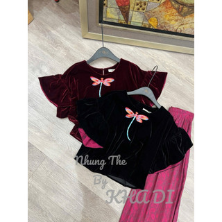 Áo nhung the tay bèo thêu chuồn chuồn đơn lót lụa