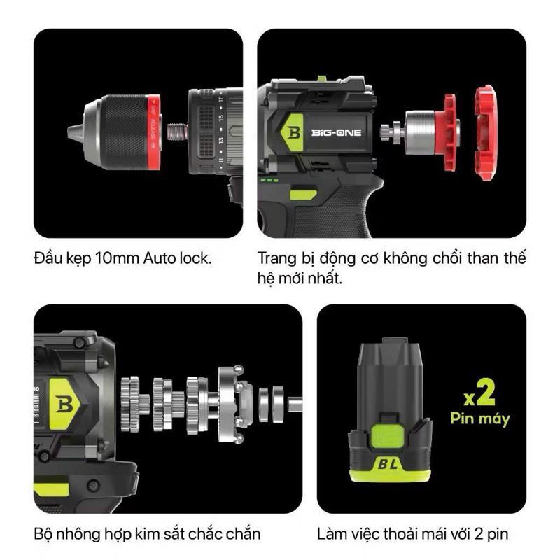 Máy Khoan Pin AKUZA - BIGONE S60 Đầu Kẹp 10ly Autolock ,Lực Siết 60Nm ,Không Chổi Than ,BH 12 Tháng