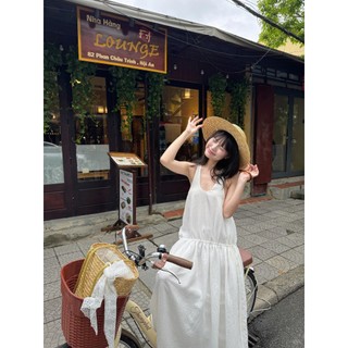 Đầm maxi OLV trắng cổ tròn tầng xòe nhẹ White Round Neck Tiered Maxi Dress