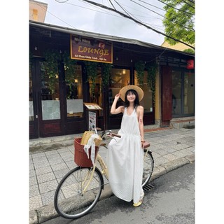 Đầm maxi OLV trắng cổ tròn tầng xòe nhẹ White Round Neck Tiered Maxi Dress