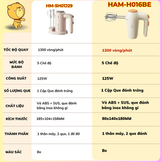 Máy đánh trứng cầm tay mini Bear HAM-H016BE, Công Suất 125W, 5 tốc độ đánh trứng, Bảo Hành 18 tháng