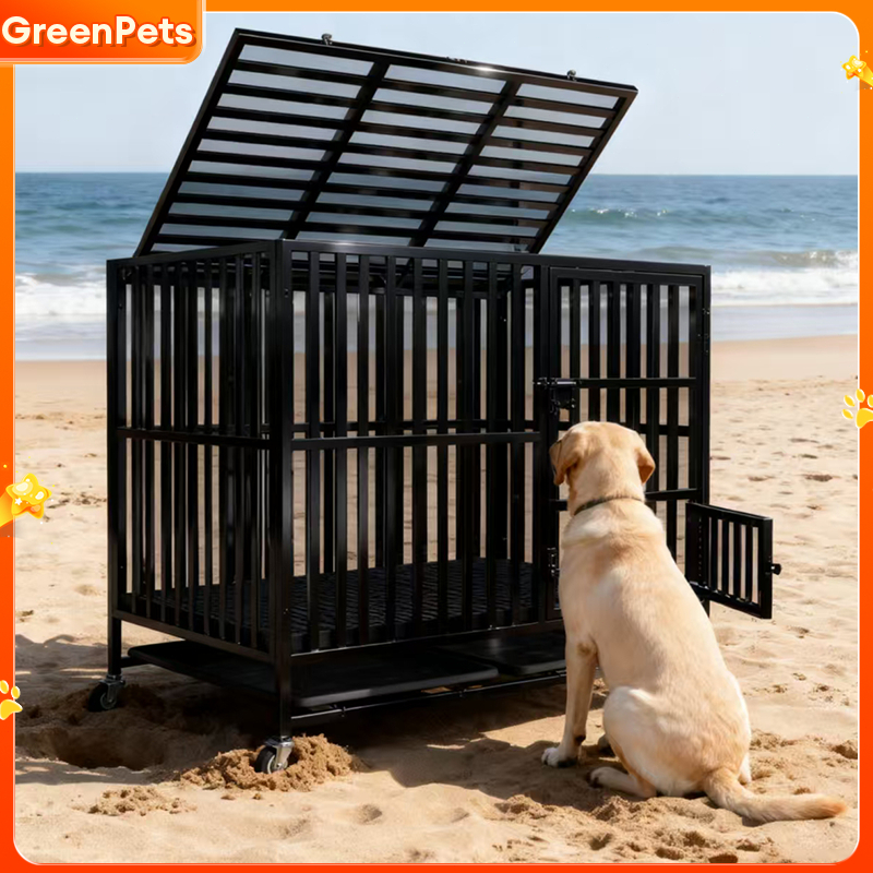 GreenPets – Lồng chó phủ sơn tĩnh điện màu đen, dành cho chó lớn, có bánh xe và khay cát mèo