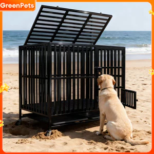 GreenPets – Lồng chó phủ sơn tĩnh điện màu đen, dành cho chó lớn, có bánh xe và khay cát mèo