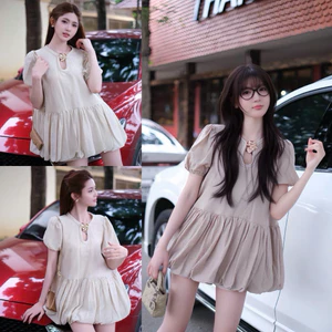 Sét áo kèm quần, áo babydoll dáng váy bí kèm tag A56 SM nâu, be