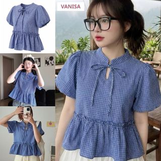 Áo sơ mi cổ tàu ngắn tay nữ dáng suông bánh bèo voan mềm phối bèo nhúm caro xanh VANISA SMR104