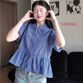 Áo sơ mi cổ tàu ngắn tay nữ dáng suông bánh bèo voan mềm phối bèo nhúm caro xanh VANISA SMR104