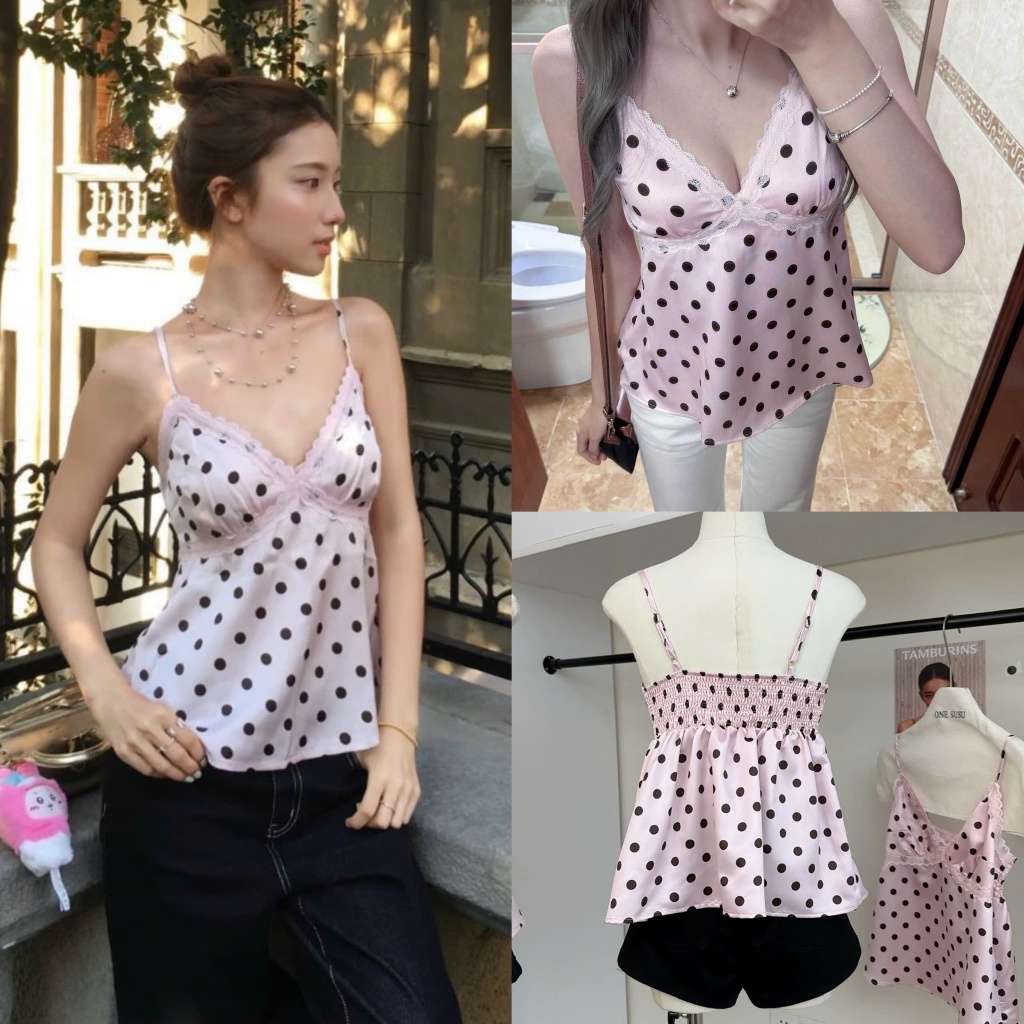 (sẵn)Áo hai dây chấm bi viền ren màu hồng chất satin dáng xoè nhẹ tiểu thư AHD018 - Tiktik