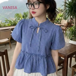 Áo sơ mi cổ tàu ngắn tay nữ dáng suông bánh bèo voan mềm phối bèo nhúm caro xanh VANISA SMR104