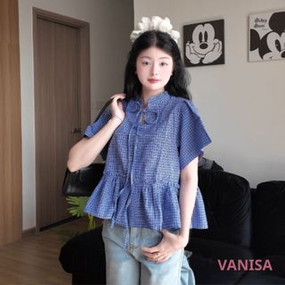 Áo sơ mi cổ tàu ngắn tay nữ dáng suông bánh bèo voan mềm phối bèo nhúm caro xanh VANISA SMR104