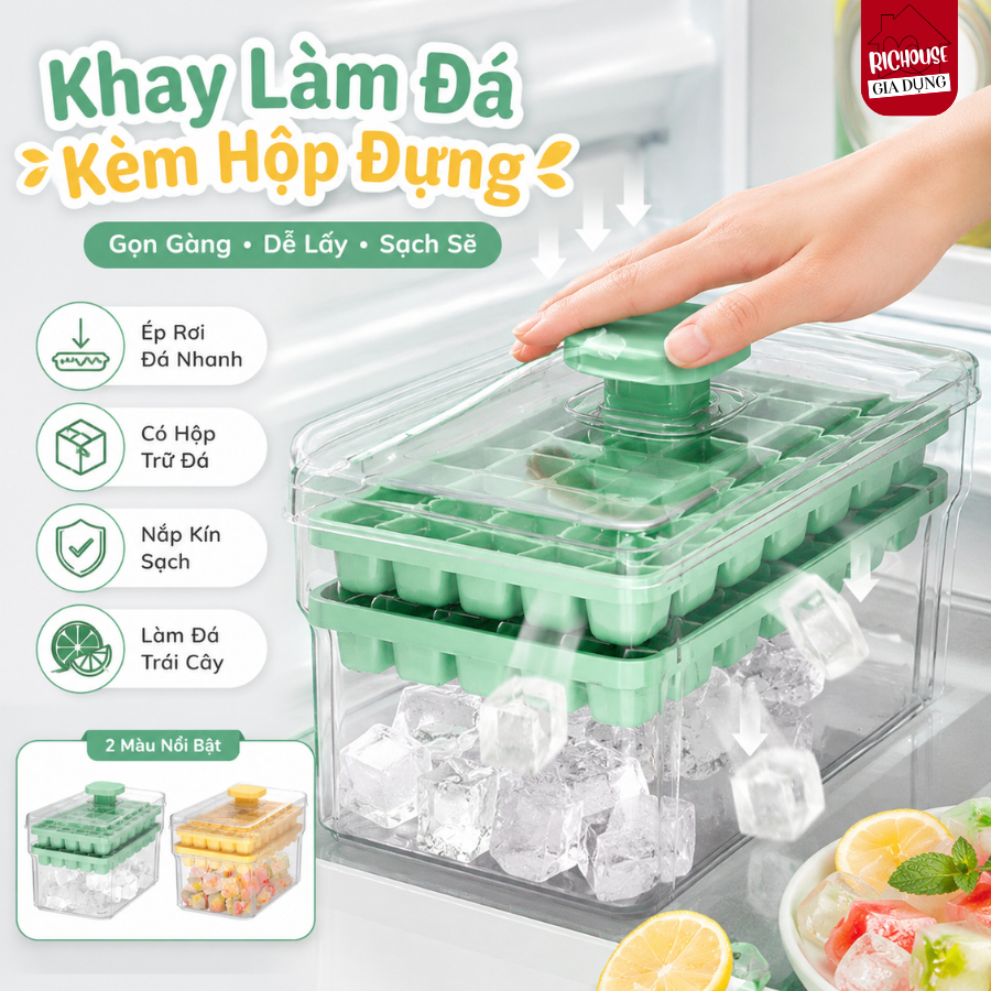 Khay Làm Đá Thông Minh Nhấn Nút Lấy Đá Dễ Dàng, Khay đá 56 Viên 2 Tầng Tiện Lợi Thông Minh