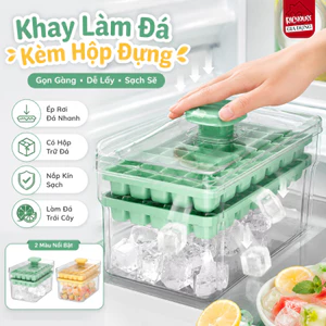 Khay Làm Đá Thông Minh Nhấn Nút Lấy Đá Dễ Dàng, Khay đá 56 Viên 2 Tầng Tiện Lợi Thông Minh